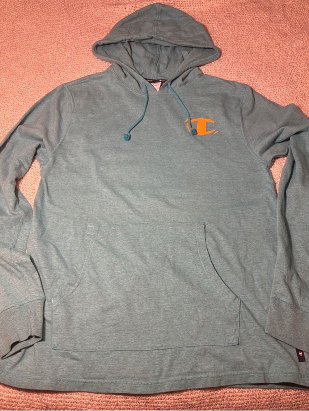Champion Men's Hooded Pullover Sweatshirt - Teal with Orange Logo